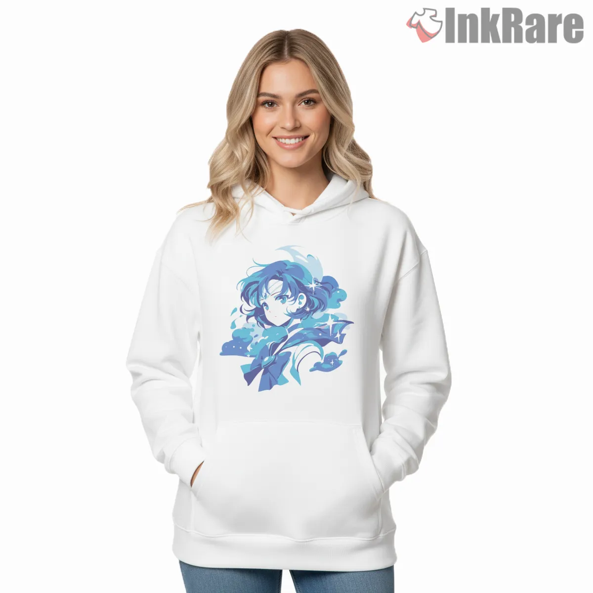 Sailor Mercury Reflective Water Aura Anime Shirt on white hoodie for women graphic tee