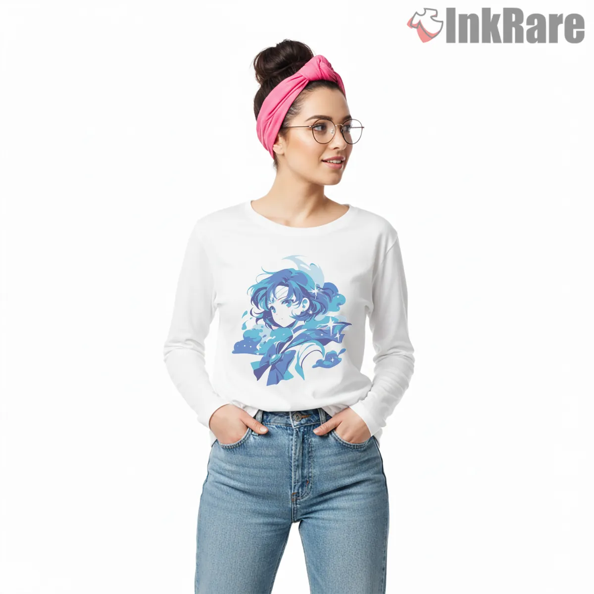 Sailor Mercury Reflective Water Aura Anime Long Sleeve White Sailor Mercury Reflective Water Aura Anime Shirt on white long sleeve shirt for women graphic tee