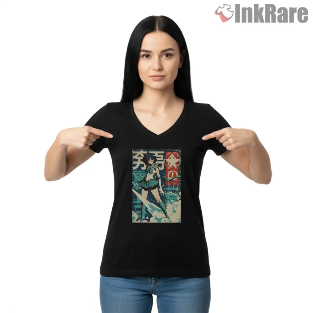 Sailor Mercury Vintage Grunge Poster Anime Shirt on black v-neck shirt for women graphic tee