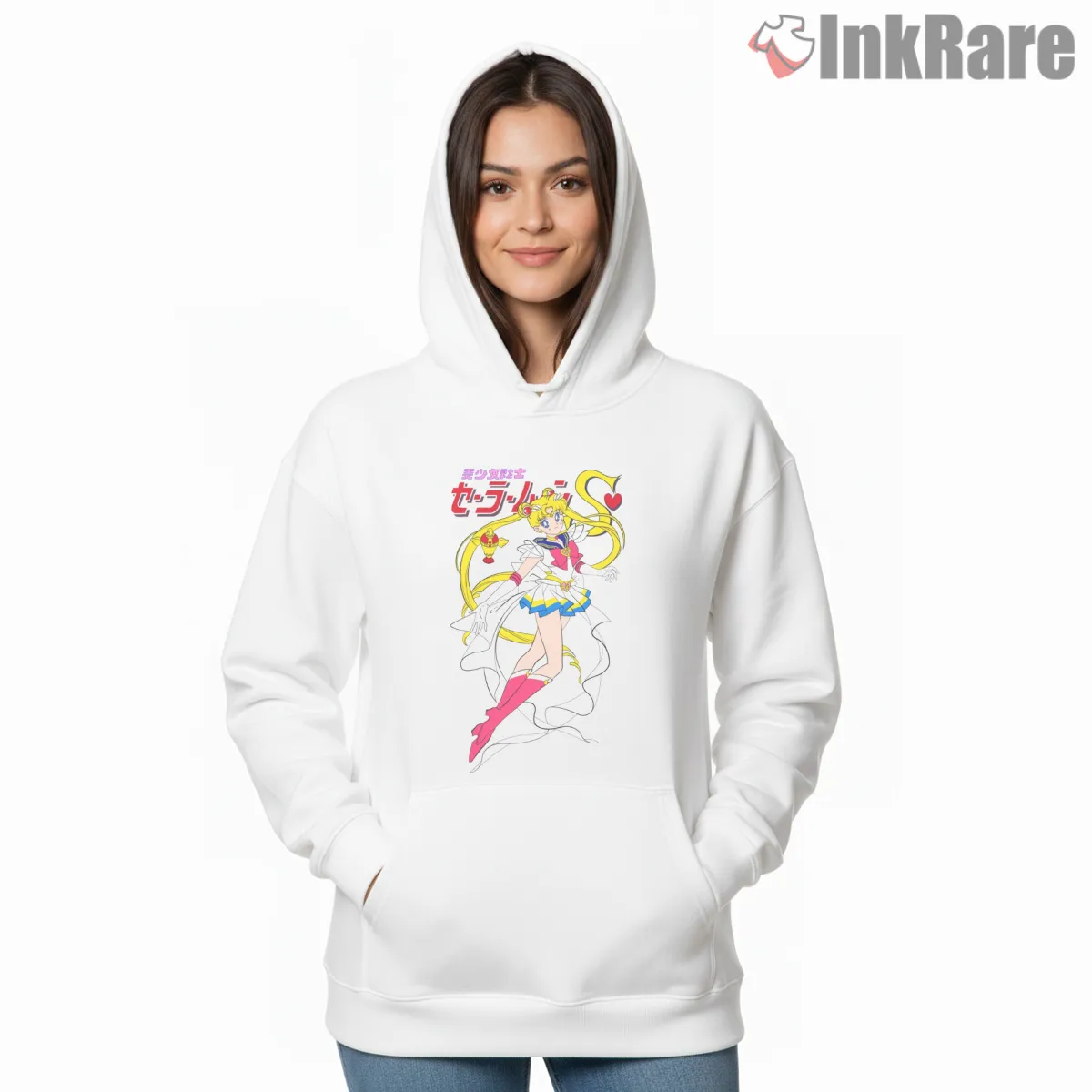 Sailor Moon 90s Retro Vintage Anime Shirt on white hoodie for women graphic tee