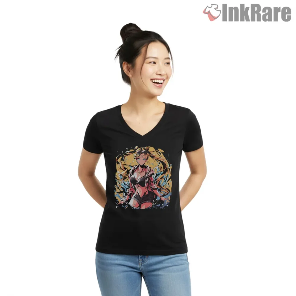 Sailor Moon Beach Outfit Summer Anime Shirt on black v-neck shirt for women graphic tee