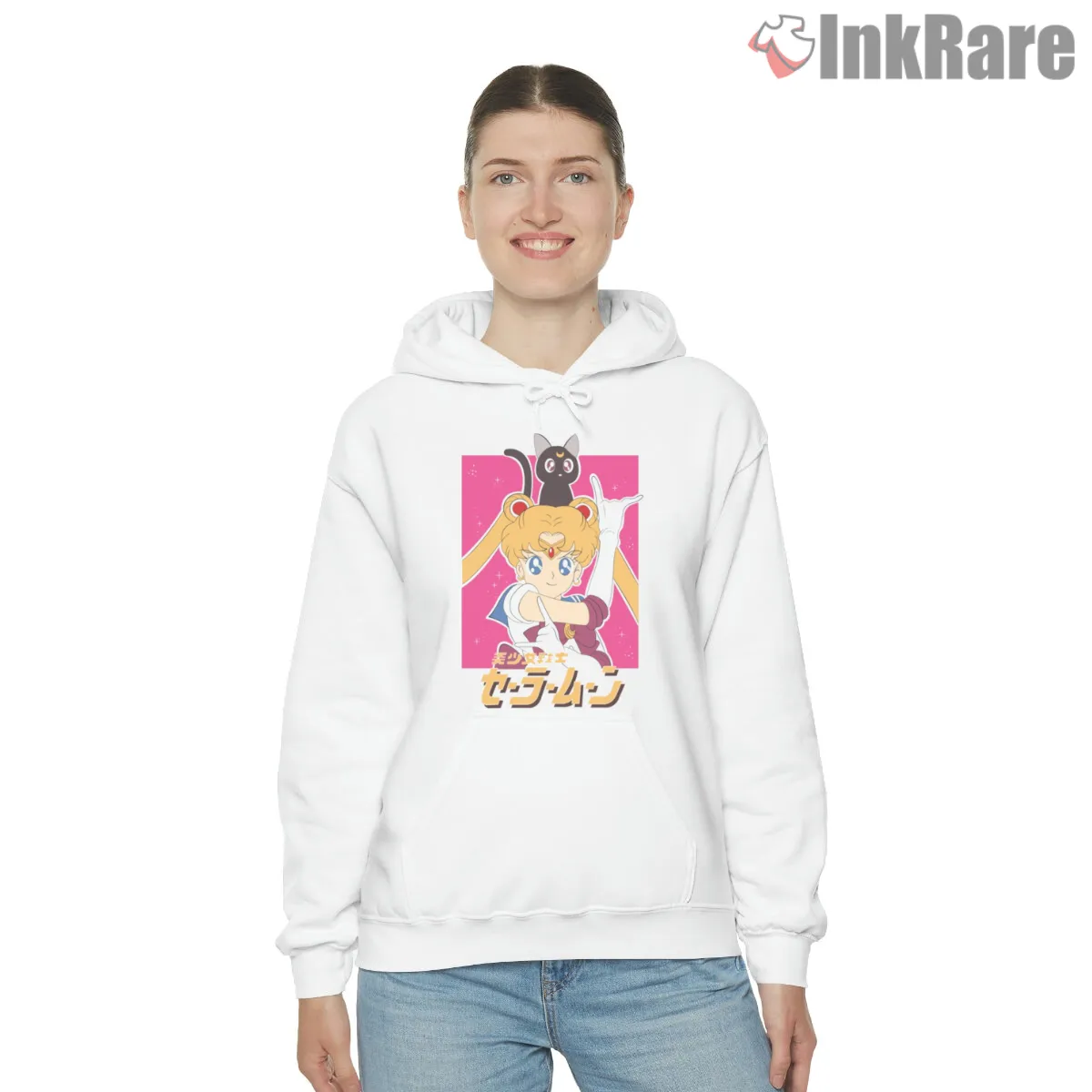 Sailor Moon Chibi Cheerful Anime Shirt on white hoodie for women graphic tee