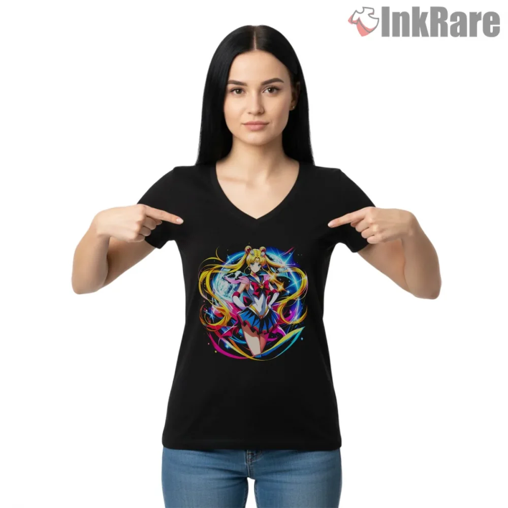 Sailor Moon Cosmic Guardian Radiant Anime Shirt on black v-neck shirt for women graphic tee