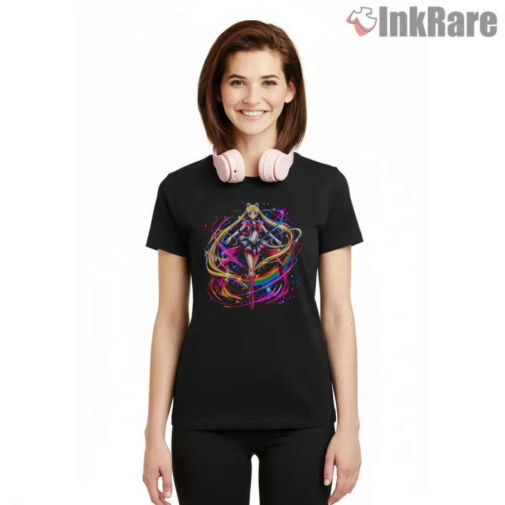 Sailor Moon Cosmic Rainbow Transformation Anime Shirt on black short sleeve shirt for women graphic tee