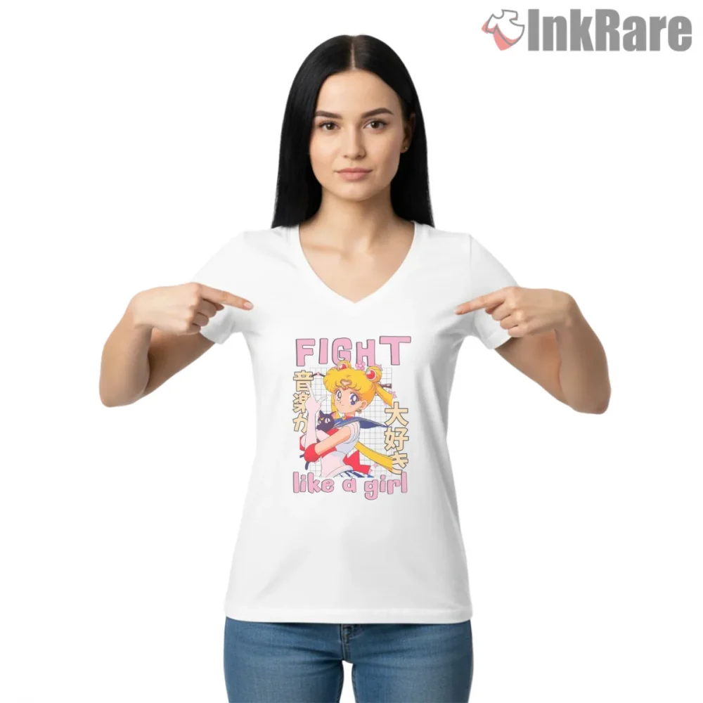 Sailor Moon Fight Like A Girl Empowerment Anime Shirt on white v-neck shirt for women graphic tee