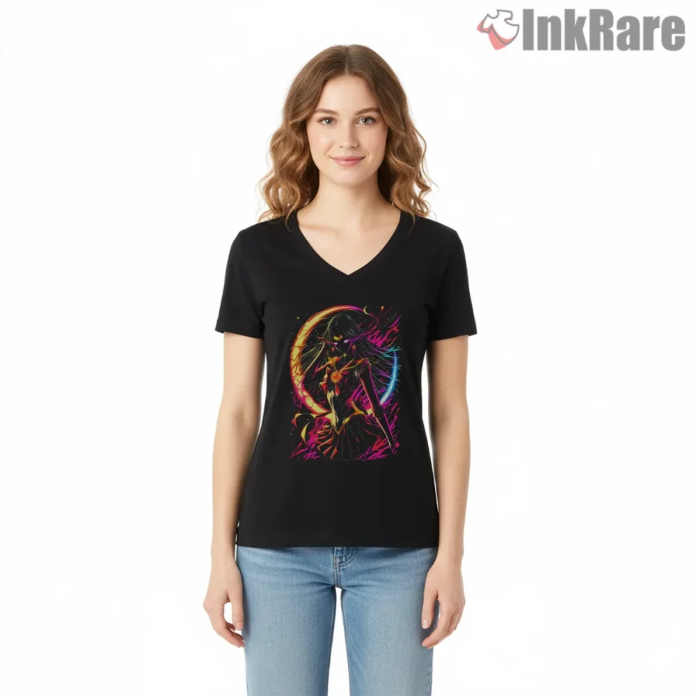 Sailor Moon High Detail Artwork Shirt on black v-neck shirt for women graphic tee