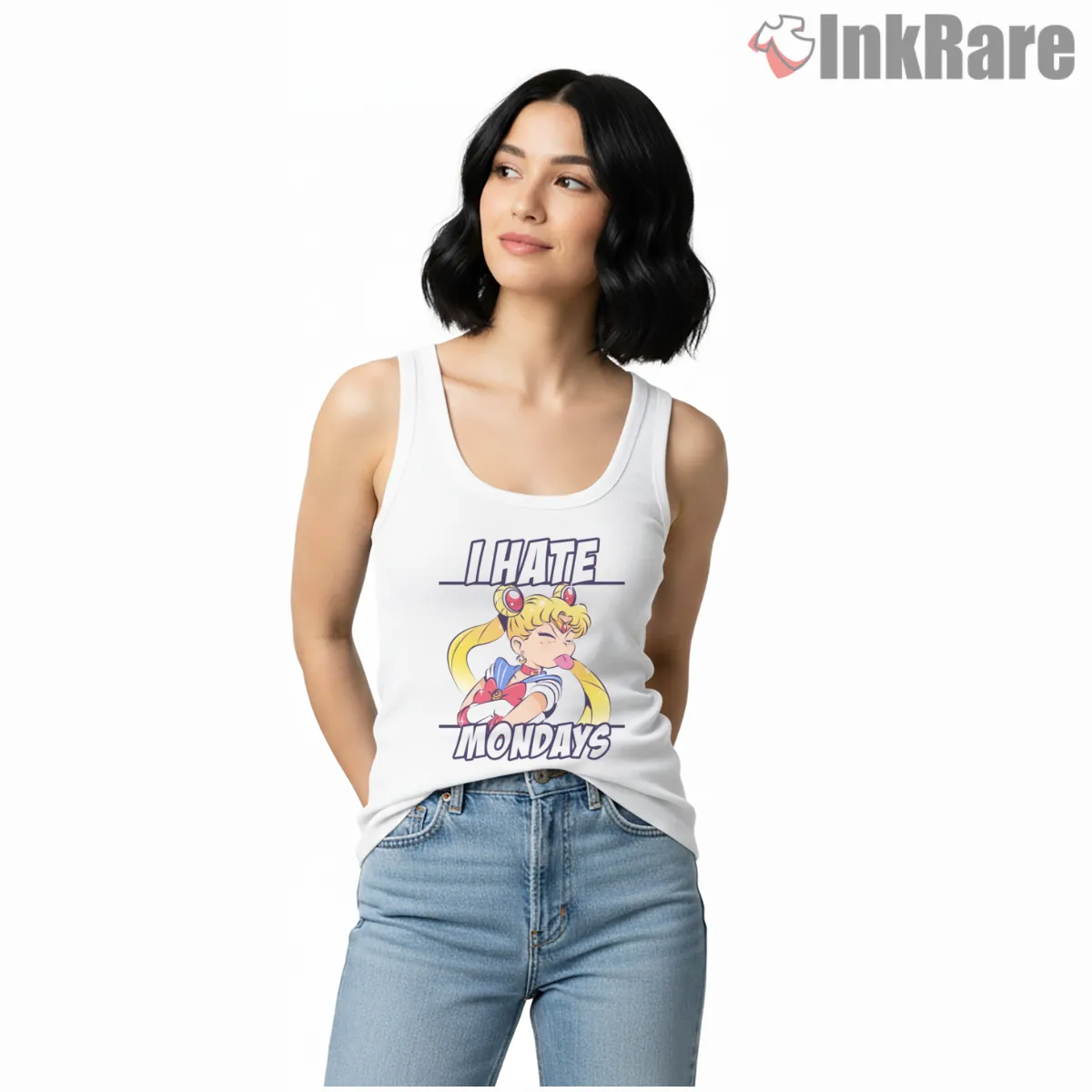 Sailor Moon I Hate Mondays Funny Anime Tank Top White Sailor Moon I Hate Mondays Funny Anime Shirt on white tank top for women graphic tee