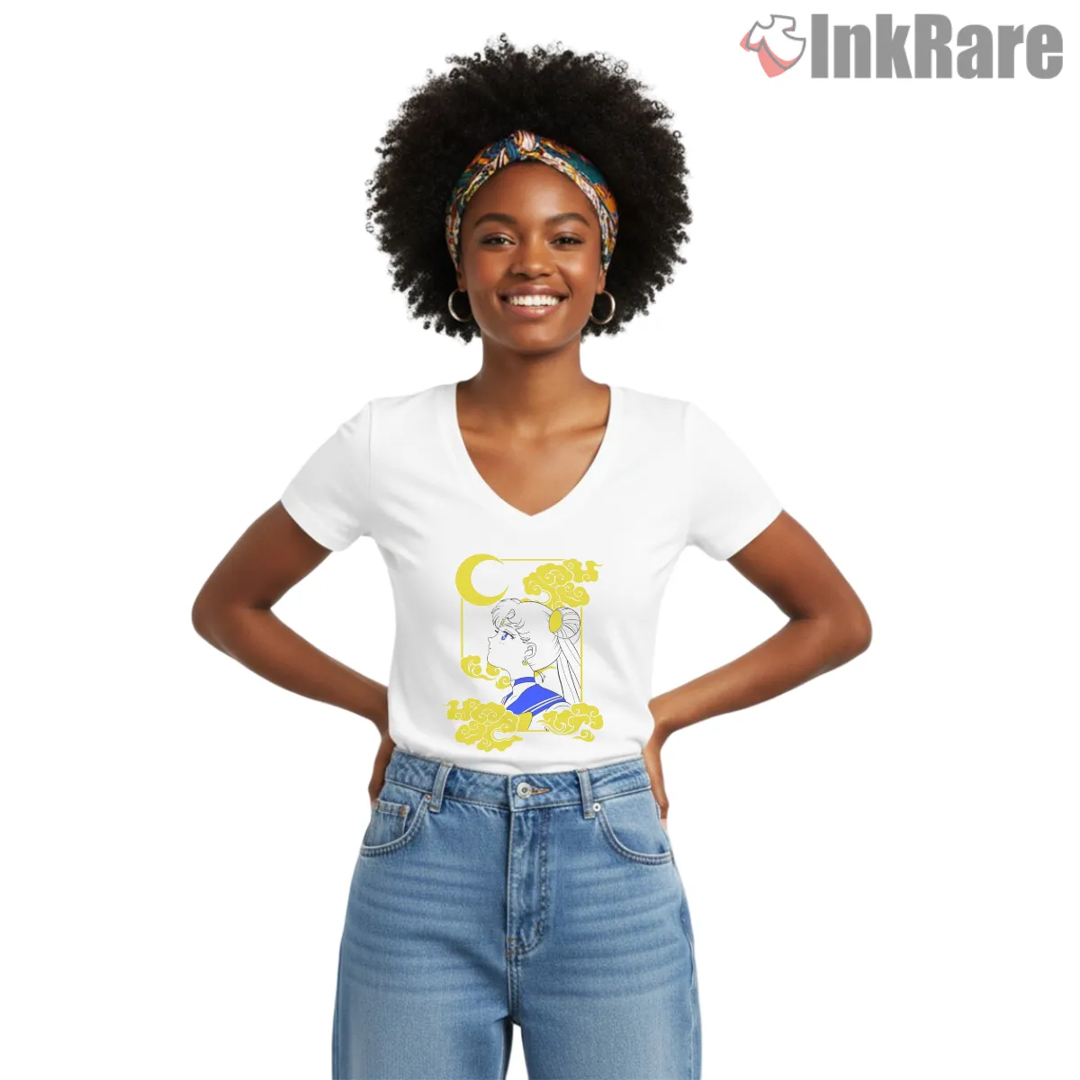 Sailor Moon Manga Profile Moon And Clouds V Neck White Sailor Moon Manga Profile Moon And Clouds Shirt on white v-neck shirt for women graphic tee