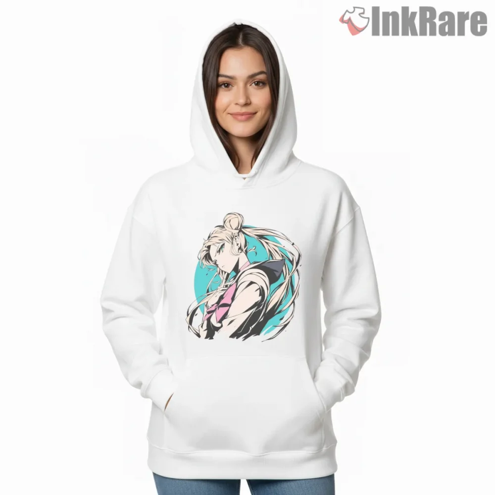 Sailor Moon Minimal Line Art Anime Shirt on white hoodie for women graphic tee