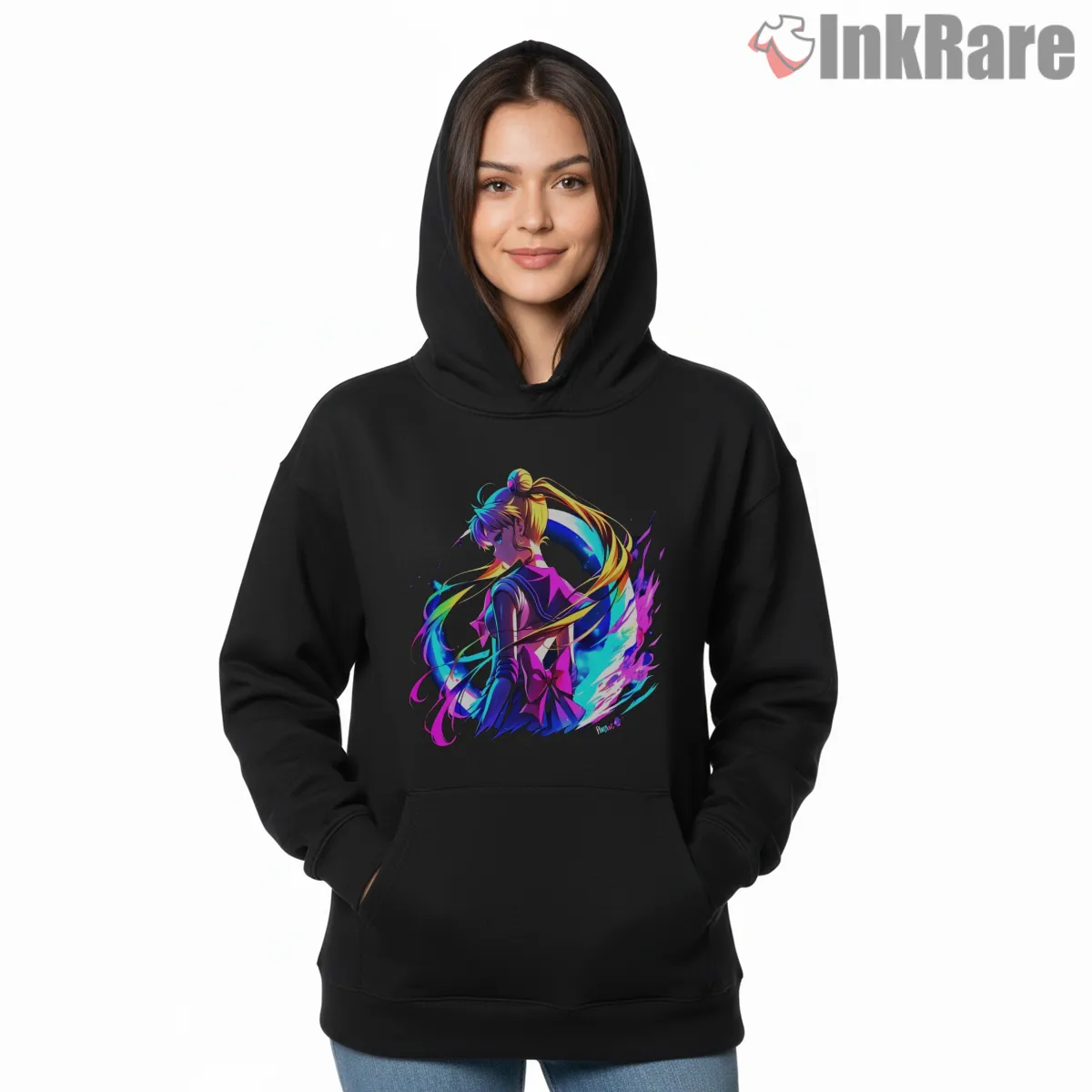 Sailor Moon Neon Aura Back View Anime Shirt on black hoodie for women graphic tee