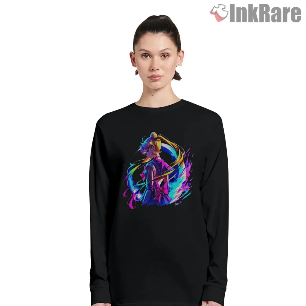 Sailor Moon Neon Aura Back View Anime Shirt on black long sleeve shirt for women graphic tee