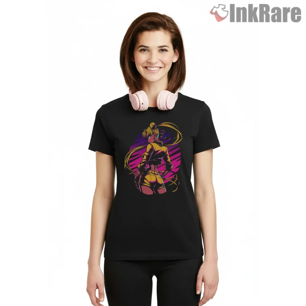 Sailor Moon Neon Night Street Art Shirt on black short sleeve shirt for women graphic tee