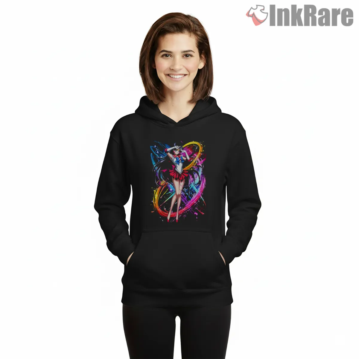 Sailor Moon Paint Splash Energy Anime Shirt on black hoodie for women graphic tee