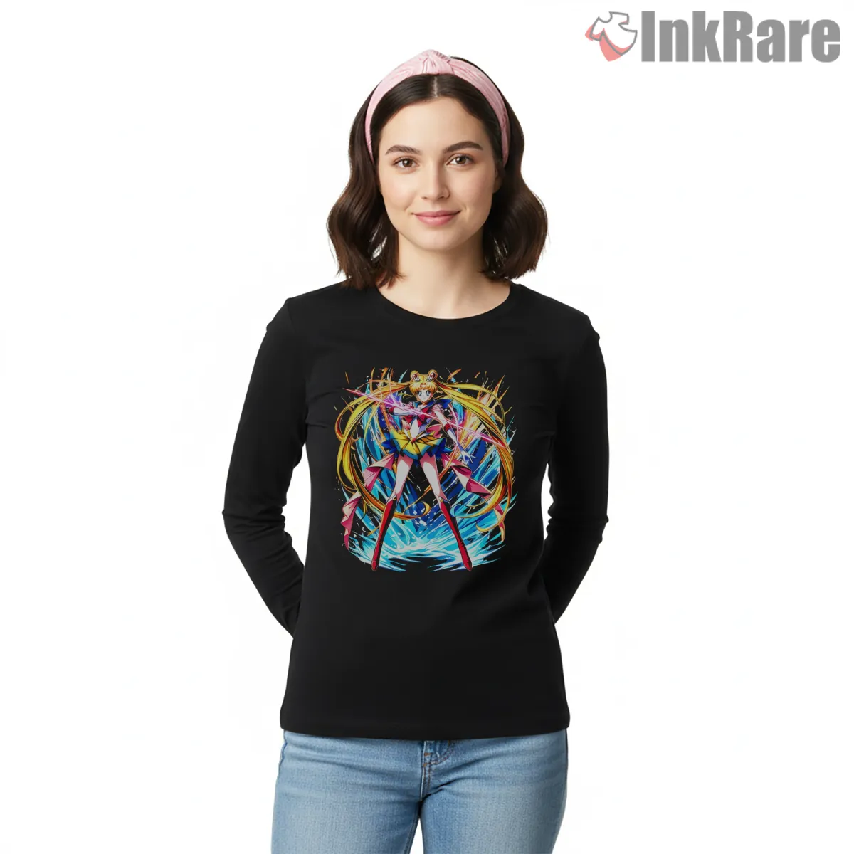 Sailor Moon Power Burst Action Anime Shirt on black long sleeve shirt for women graphic tee