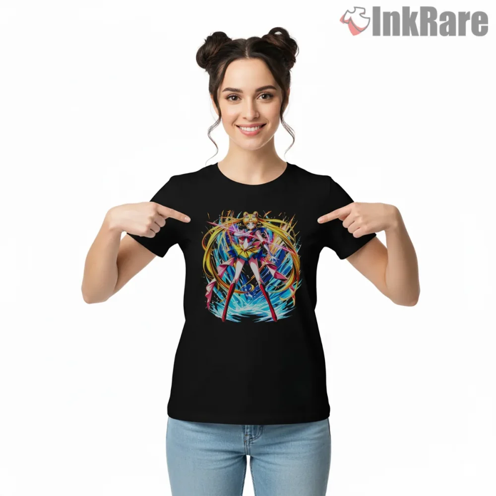 Sailor Moon Power Burst Action Anime Shirt on black short sleeve shirt for women graphic tee