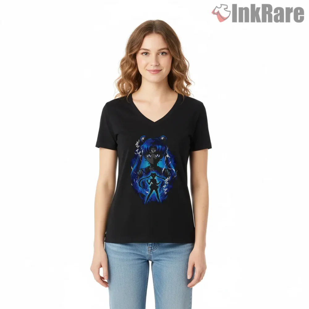 Sailor Moon Premium Cosmic Illustration Anime Shirt on black v-neck shirt for women graphic tee