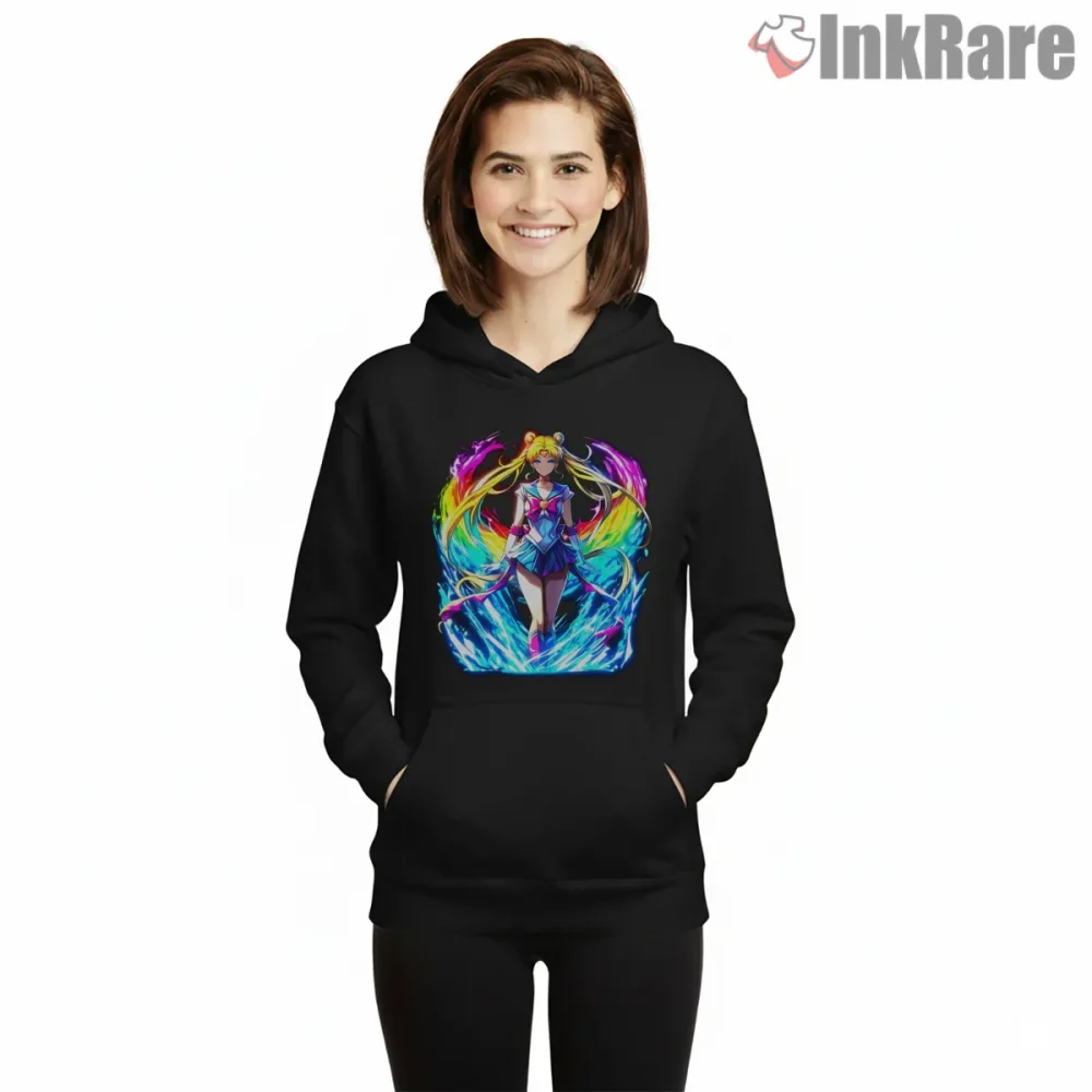 Sailor Moon Rainbow Aura Energy Anime Shirt on black hoodie for women graphic tee