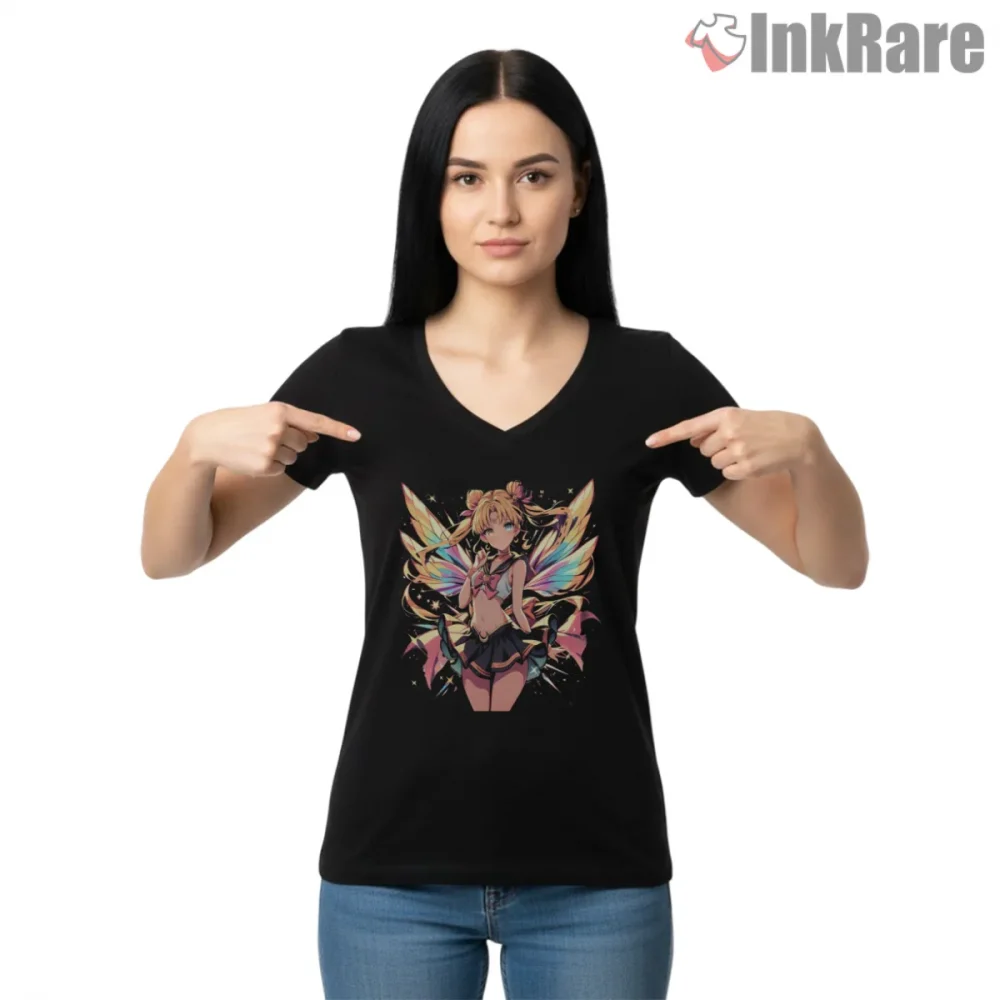 Sailor Moon Rainbow Energy Fan Art Shirt on black v-neck shirt for women graphic tee