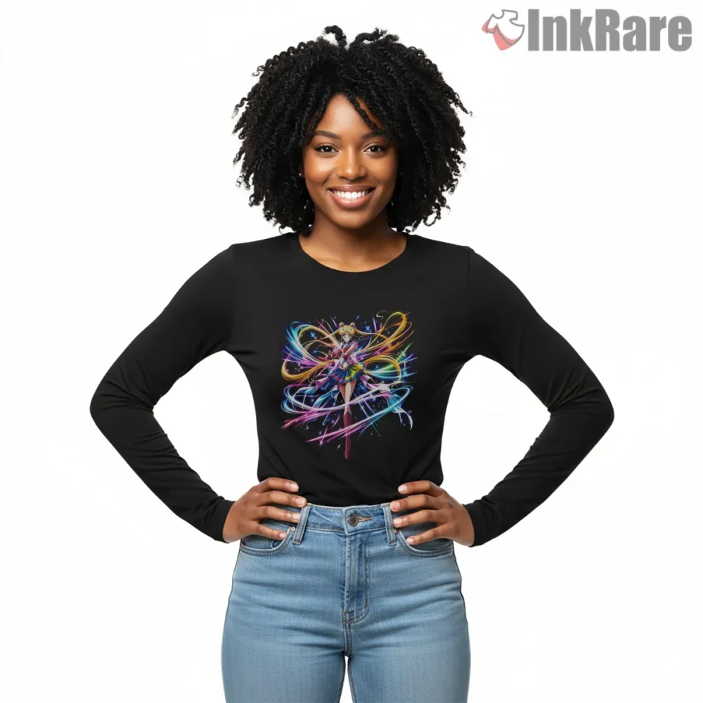 Sailor Moon Rainbow Energy Motion Anime Shirt on black long sleeve shirt for women graphic tee
