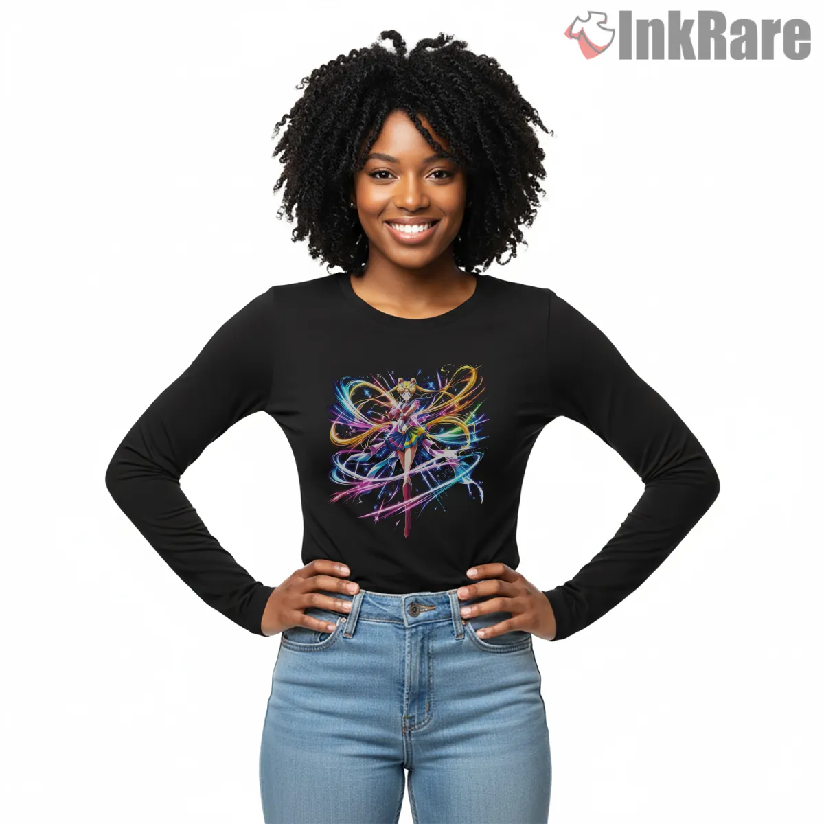 Sailor Moon Rainbow Energy Motion Anime Long Sleeve Black Sailor Moon Rainbow Energy Motion Anime Shirt on black long sleeve shirt for women graphic tee
