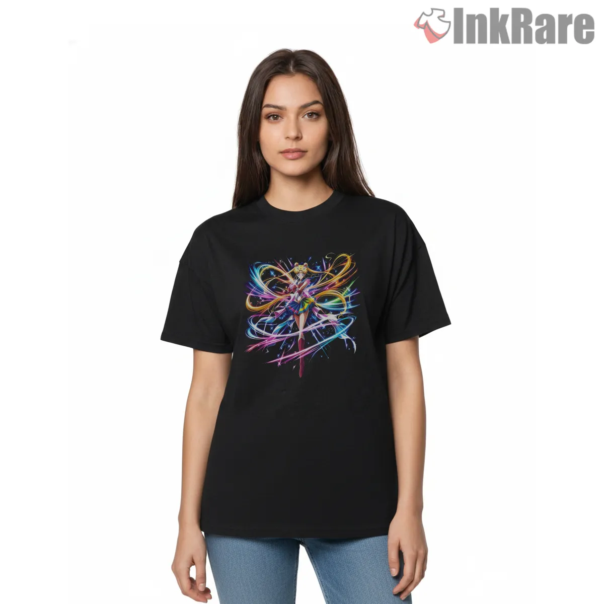 Sailor Moon Rainbow Energy Motion Anime Shirt on black short sleeve shirt for women graphic tee