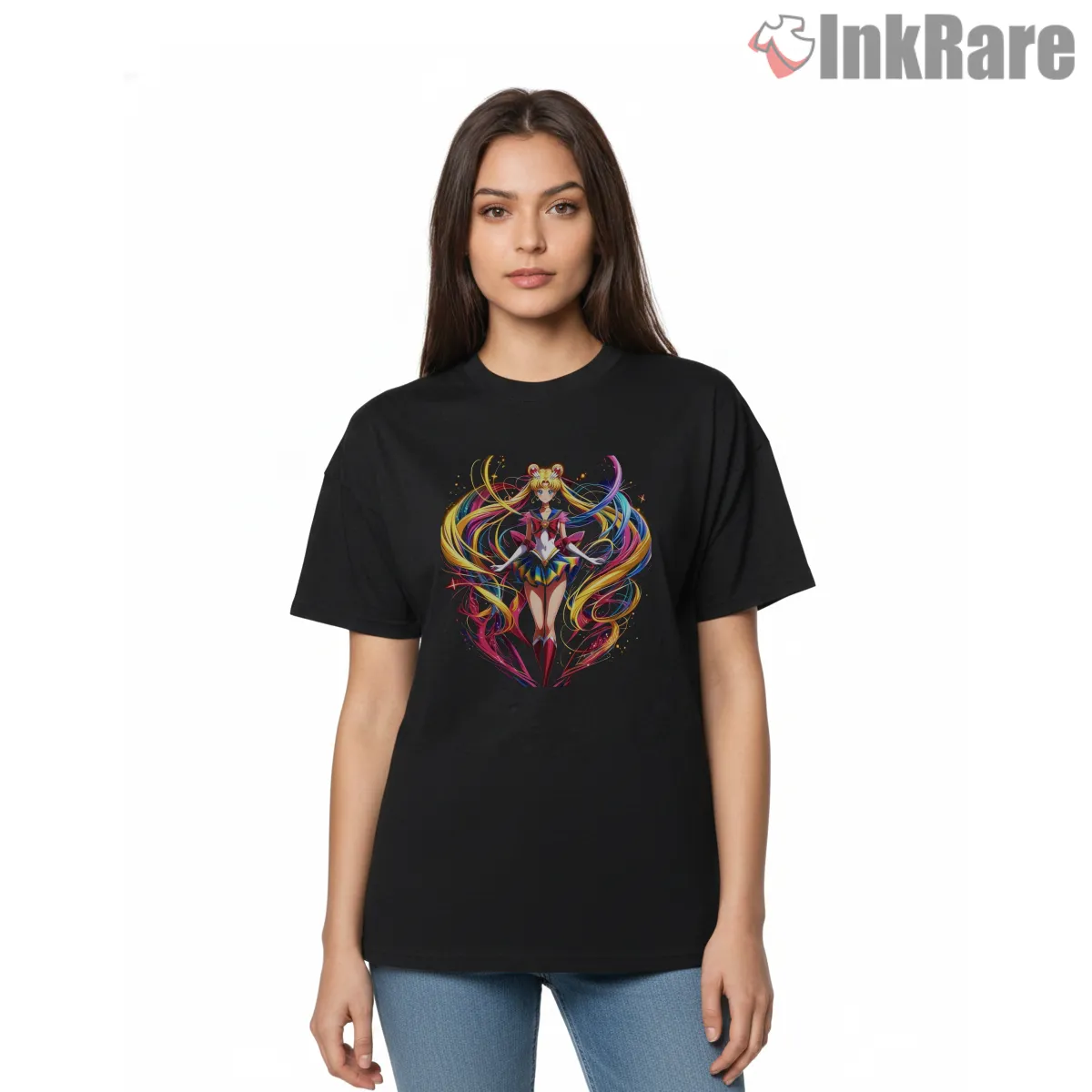 Sailor Moon Rainbow Transformation Magical Anime Short Sleeve Black Sailor Moon Rainbow Transformation Magical Anime Shirt on black short sleeve shirt for women graphic tee