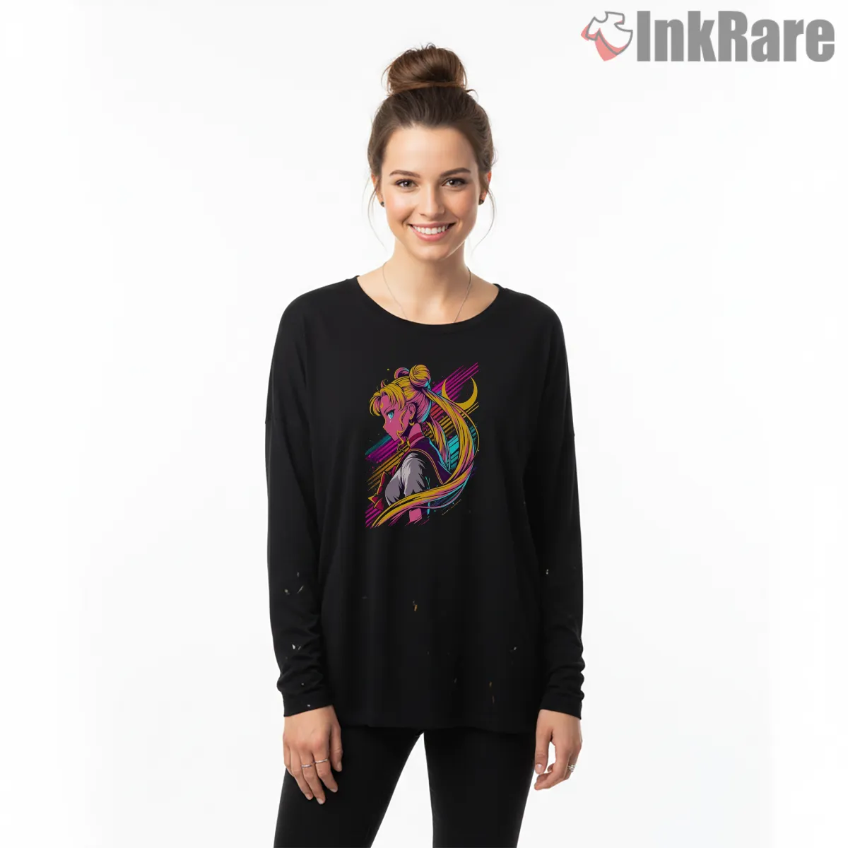 Sailor Moon Retro Pop Art Portrait Shirt on black long sleeve shirt for women graphic tee