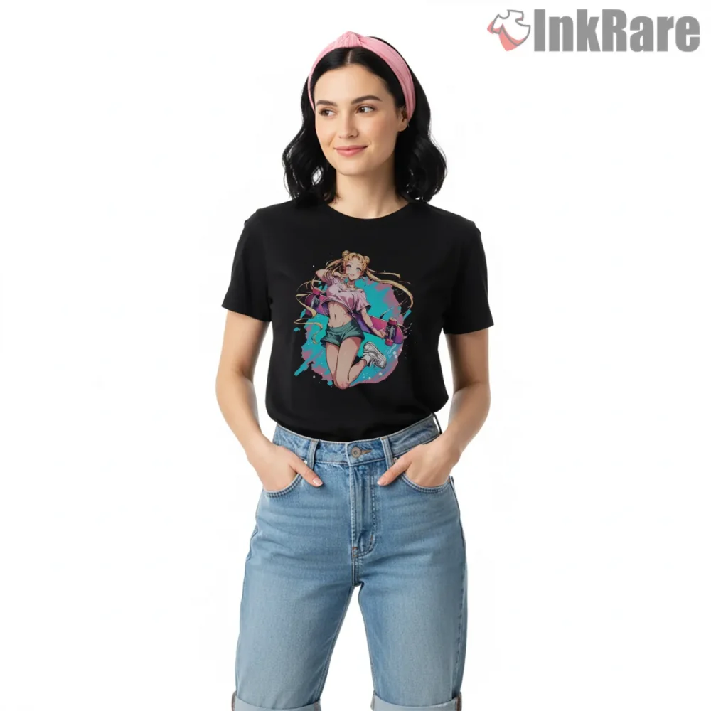 Sailor Moon Skate Style Streetwear Shirt on black short sleeve shirt for women graphic tee