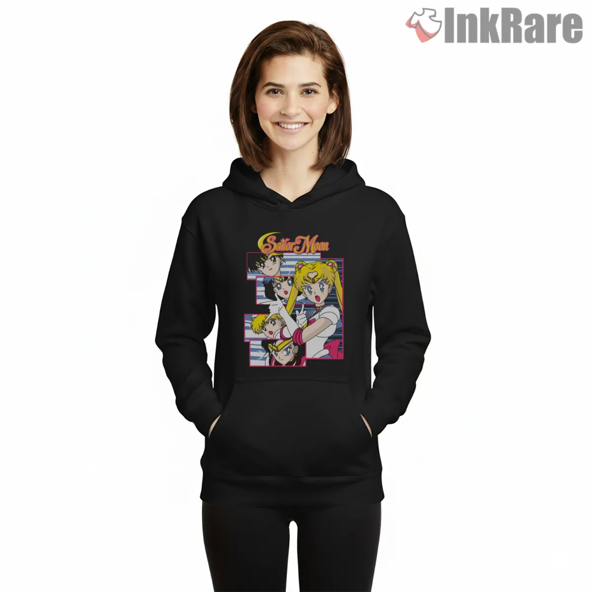 Sailor Moon Team Heroic Pose Shirt on black hoodie for women graphic tee