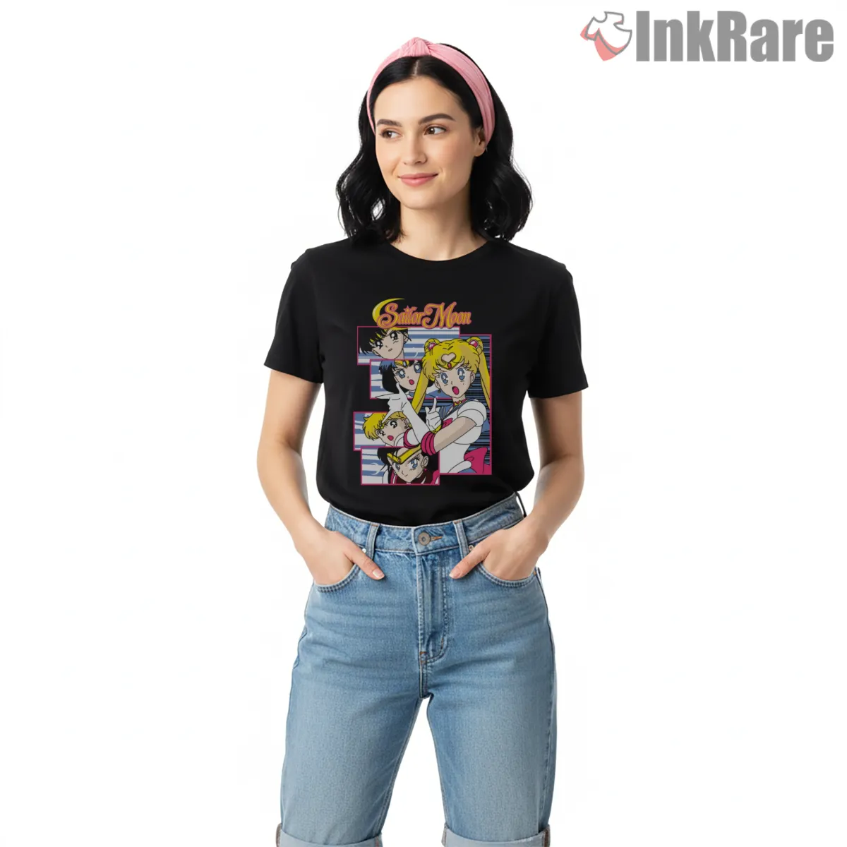 Sailor Moon Team Heroic Pose Short Sleeve Black Sailor Moon Team Heroic Pose Shirt on black short sleeve shirt for women graphic tee