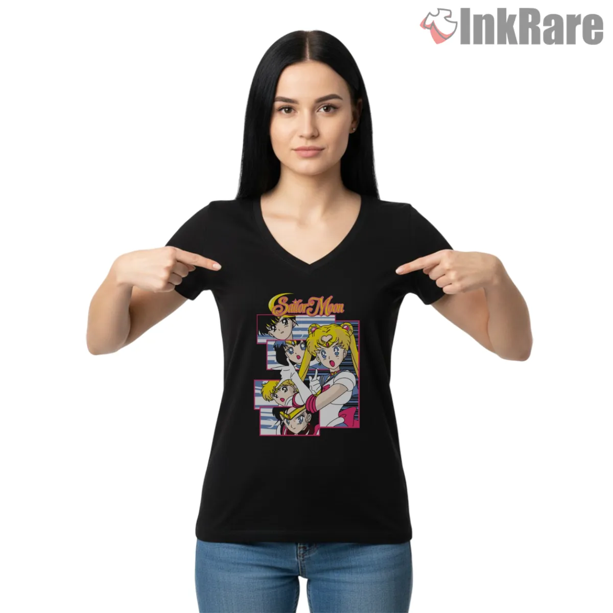 Sailor Moon Team Heroic Pose V Neck Black Sailor Moon Team Heroic Pose Shirt on black v-neck shirt for women graphic tee