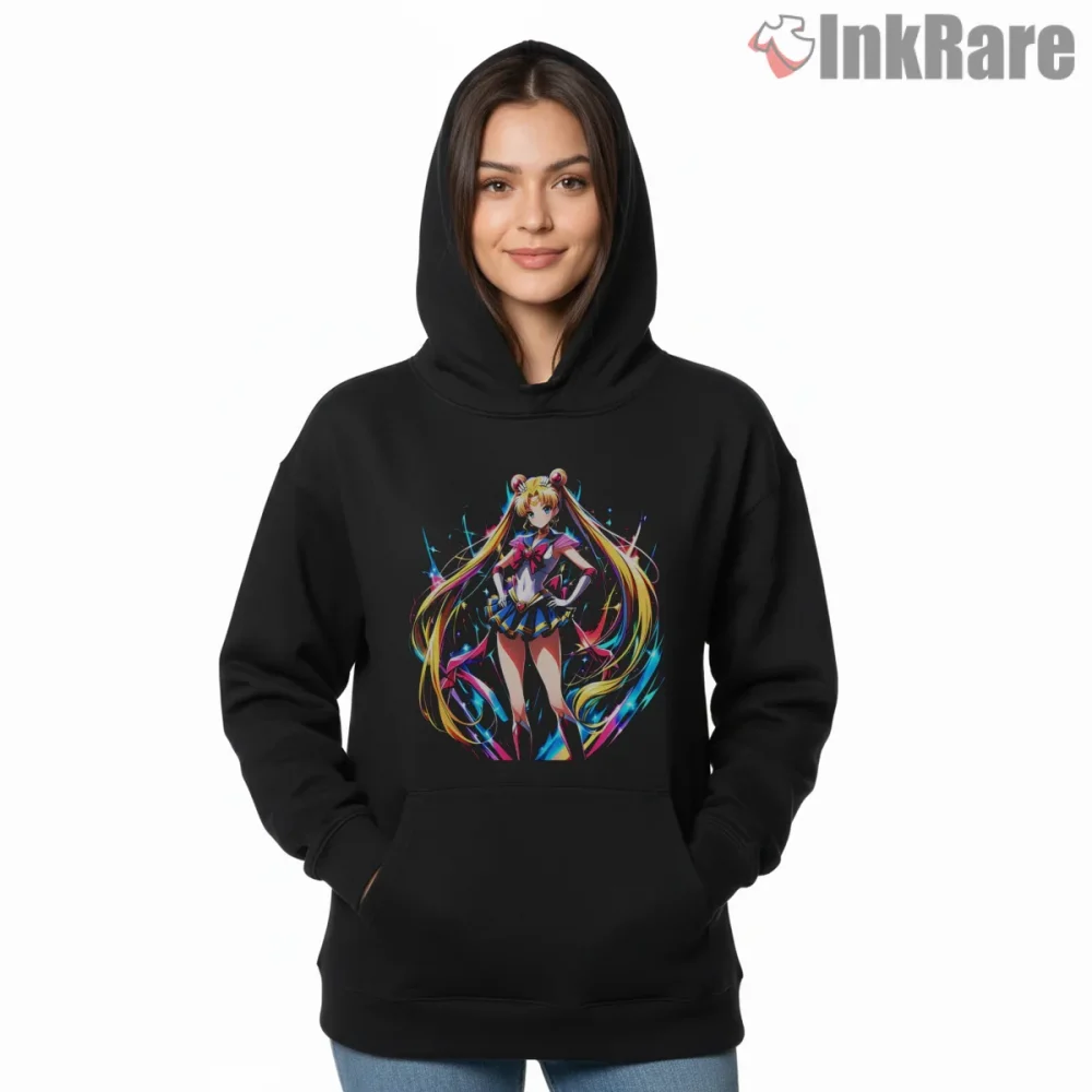 Sailor Moon Vibrant Neon Energy Anime Shirt on black hoodie for women graphic tee
