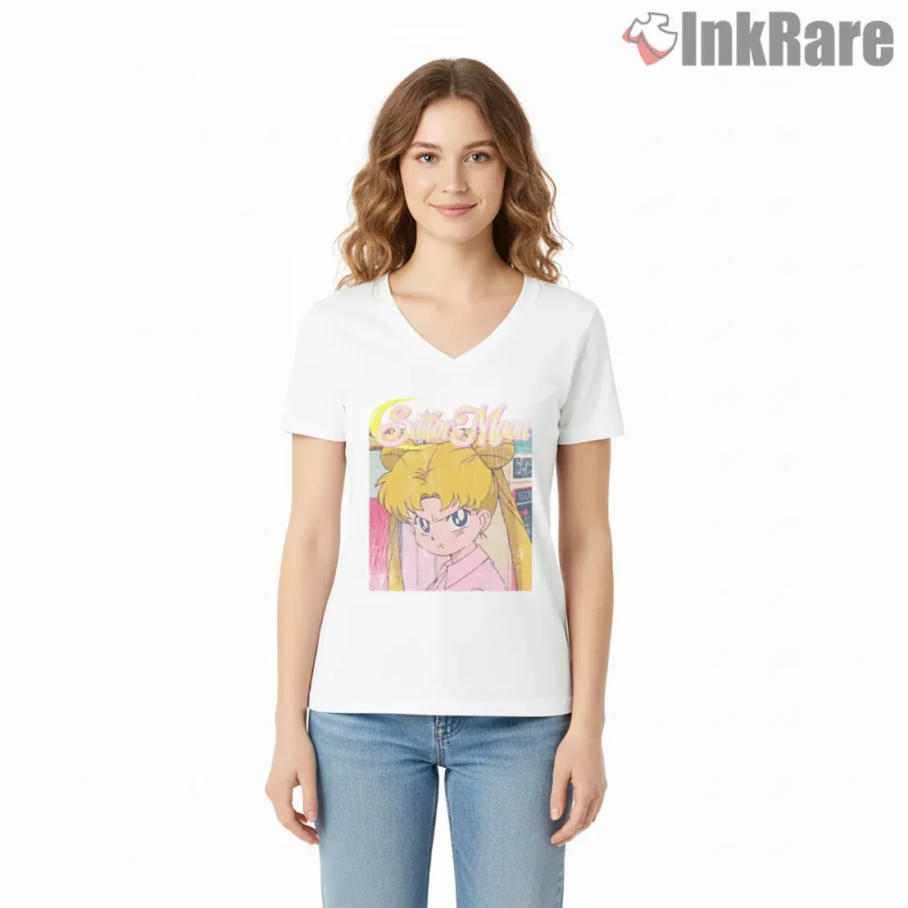 Sailor Moon Vintage Anime Portrait Shirt on white v-neck shirt for women graphic tee