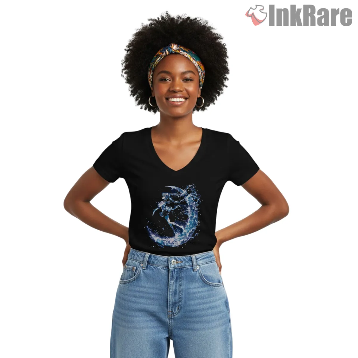 Sailor Moon Water Crescent Art V Neck Black Sailor Moon Water Crescent Art Shirt on black v-neck shirt for women graphic tee