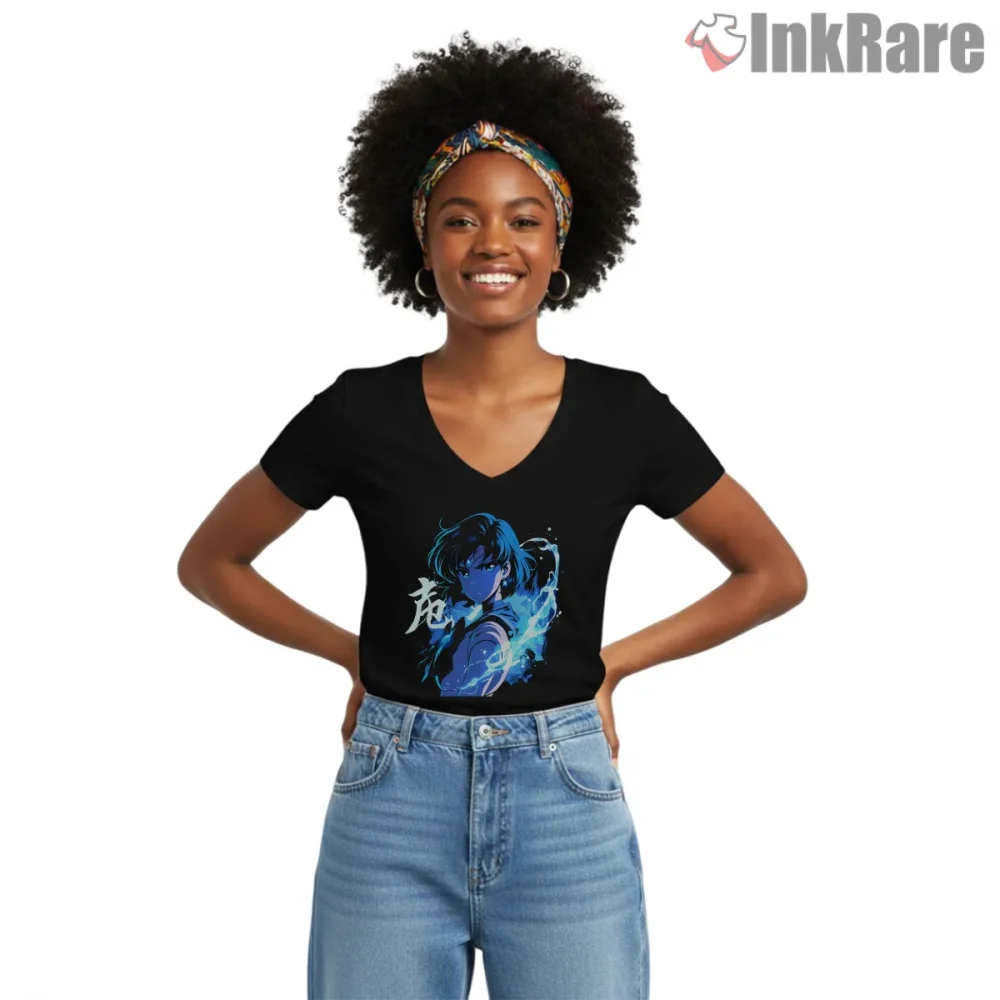 Sailor Neptune Deep Blue Water Energy Shirt on black v-neck shirt for women graphic tee