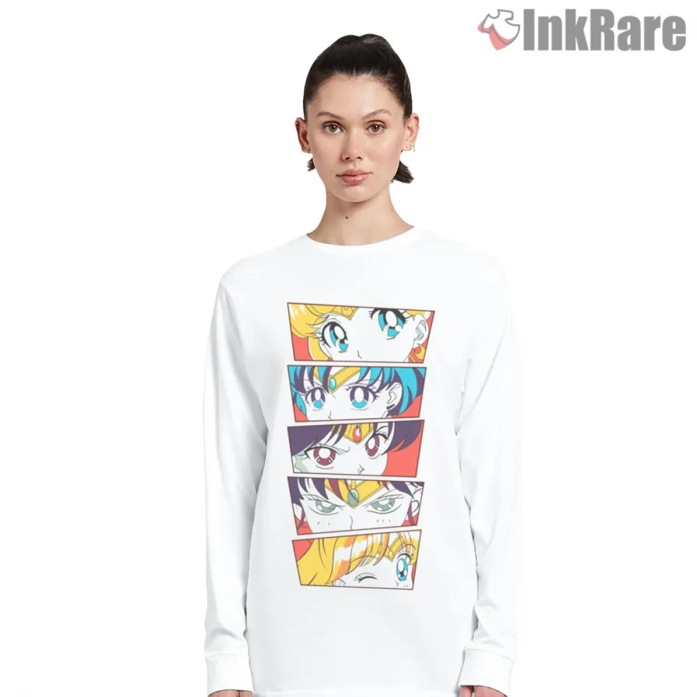 Sailor Scouts Expressive Eyes Collage Anime Shirt on white long sleeve shirt for women graphic tee