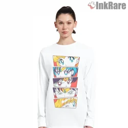 Sailor Scouts Expressive Eyes Collage Anime Shirt on white long sleeve shirt for women graphic tee