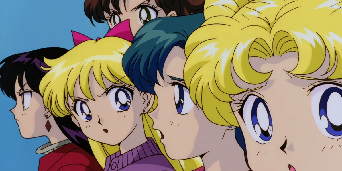 Usagi, Ami, Rei, Makoto, and Minako shown together, highlighting different expressions of strength in Sailor Moon