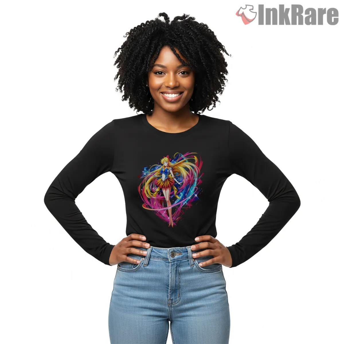 Sailor Venus Dynamic Full Body Fan Art Shirt on black long sleeve shirt for women graphic tee