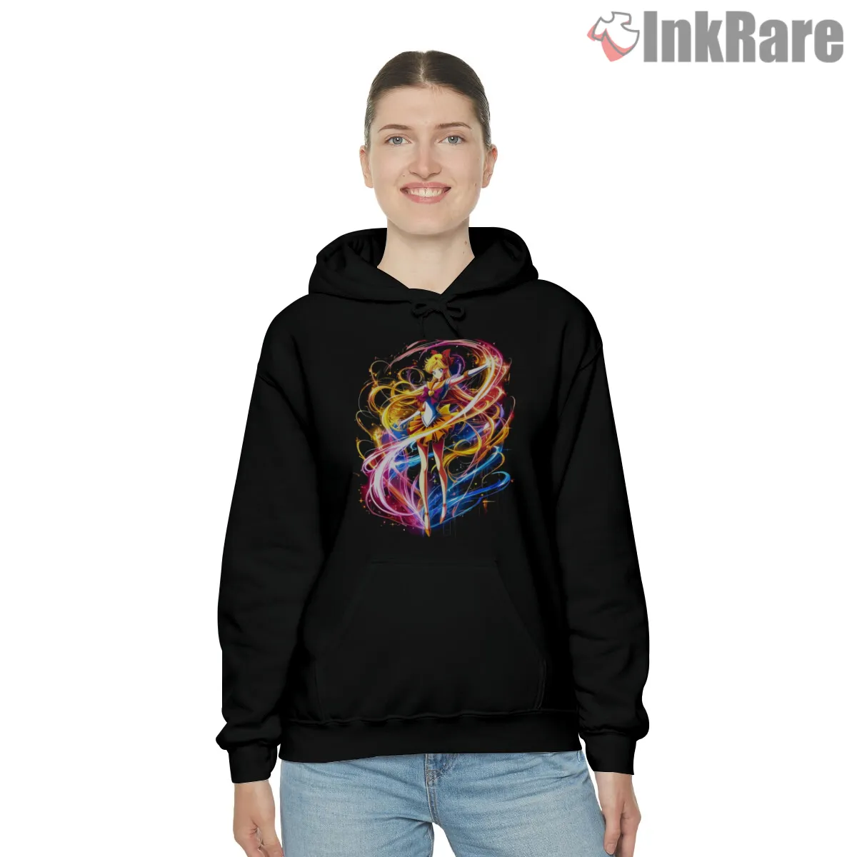 Sailor Venus Dynamic Magic Pose Anime Shirt on black hoodie for women graphic tee