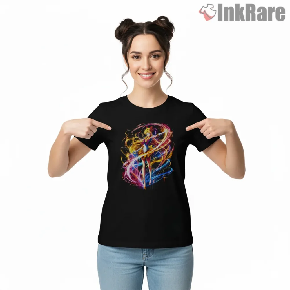 Sailor Venus Dynamic Magic Pose Anime Shirt on black short sleeve shirt for women graphic tee