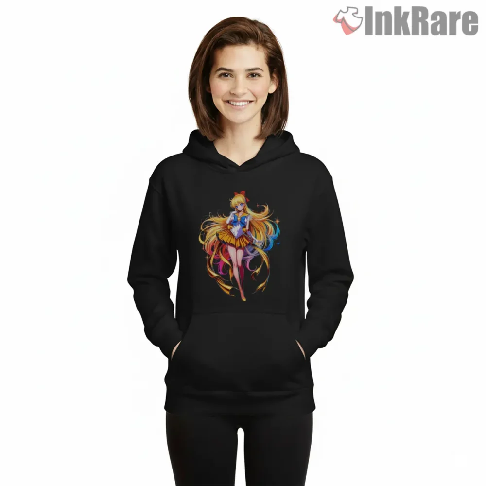 Sailor Venus Full Body Radiant Pose Shirt on black hoodie for women graphic tee