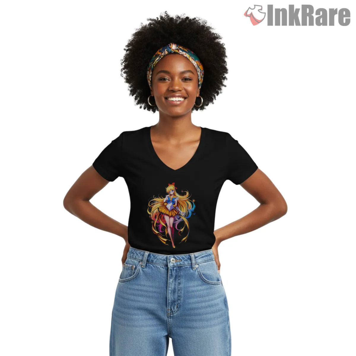 Sailor Venus Full Body Radiant Pose V Neck Black Sailor Venus Full Body Radiant Pose Shirt on black v-neck shirt for women graphic tee