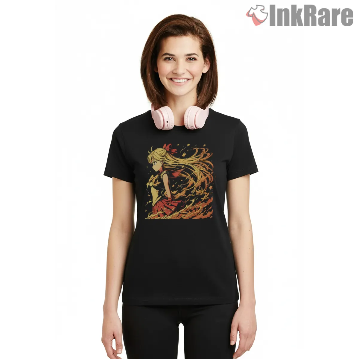 Sailor Venus Golden Flame Power Short Sleeve Black Sailor Venus Golden Flame Power Shirt on black short sleeve shirt for women graphic tee