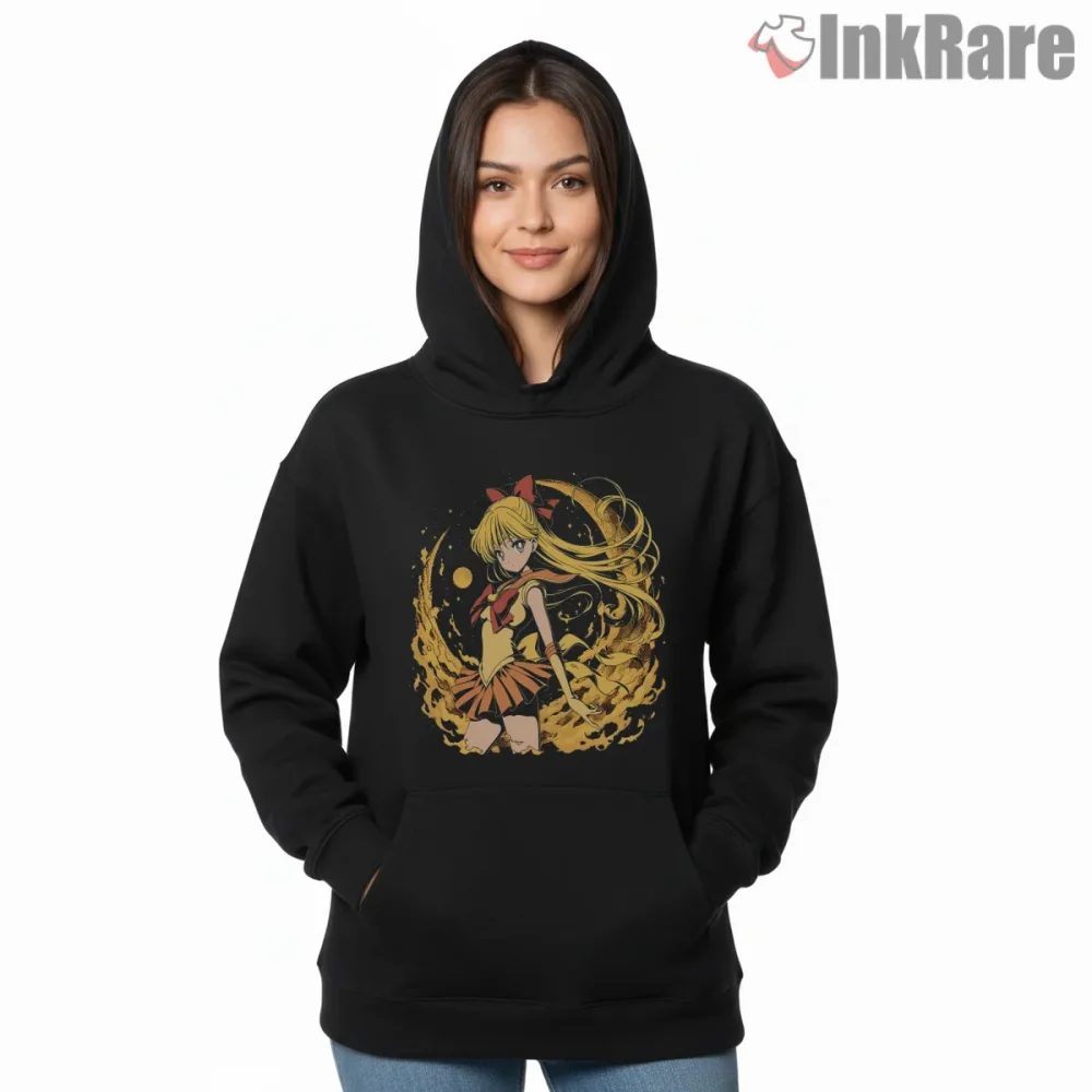 Sailor Venus Golden Power Manga Anime Shirt on black hoodie for women graphic tee