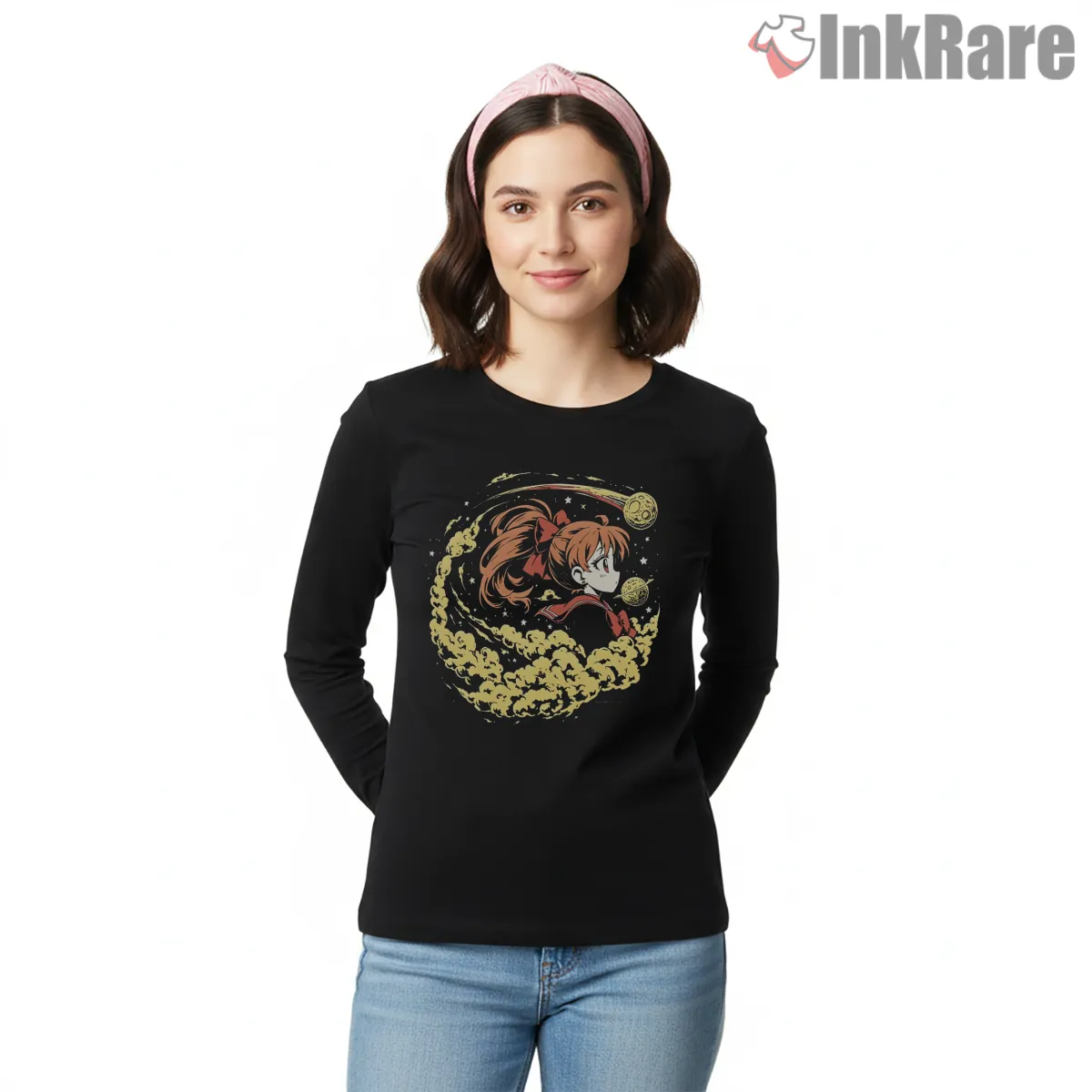 Sailor Venus Minimal Cosmic Elegance Shirt on black long sleeve shirt for women graphic tee