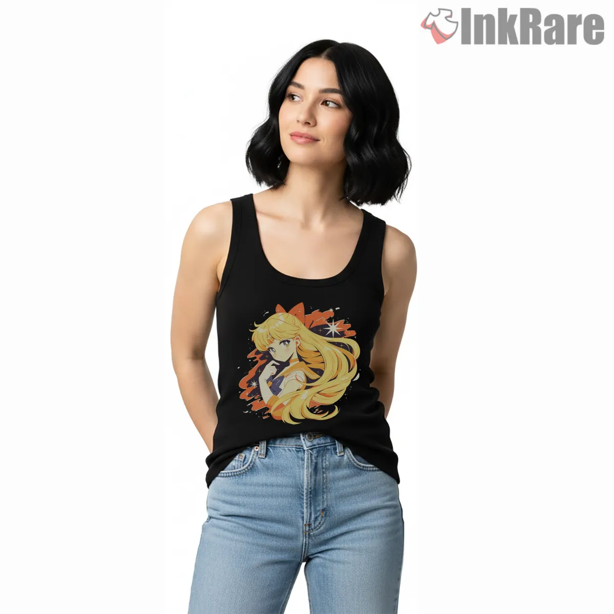 Sailor Venus Soft Glow Portrait Anime Tank Top Black Sailor Venus Soft Glow Portrait Anime Shirt on black tank top for women graphic tee