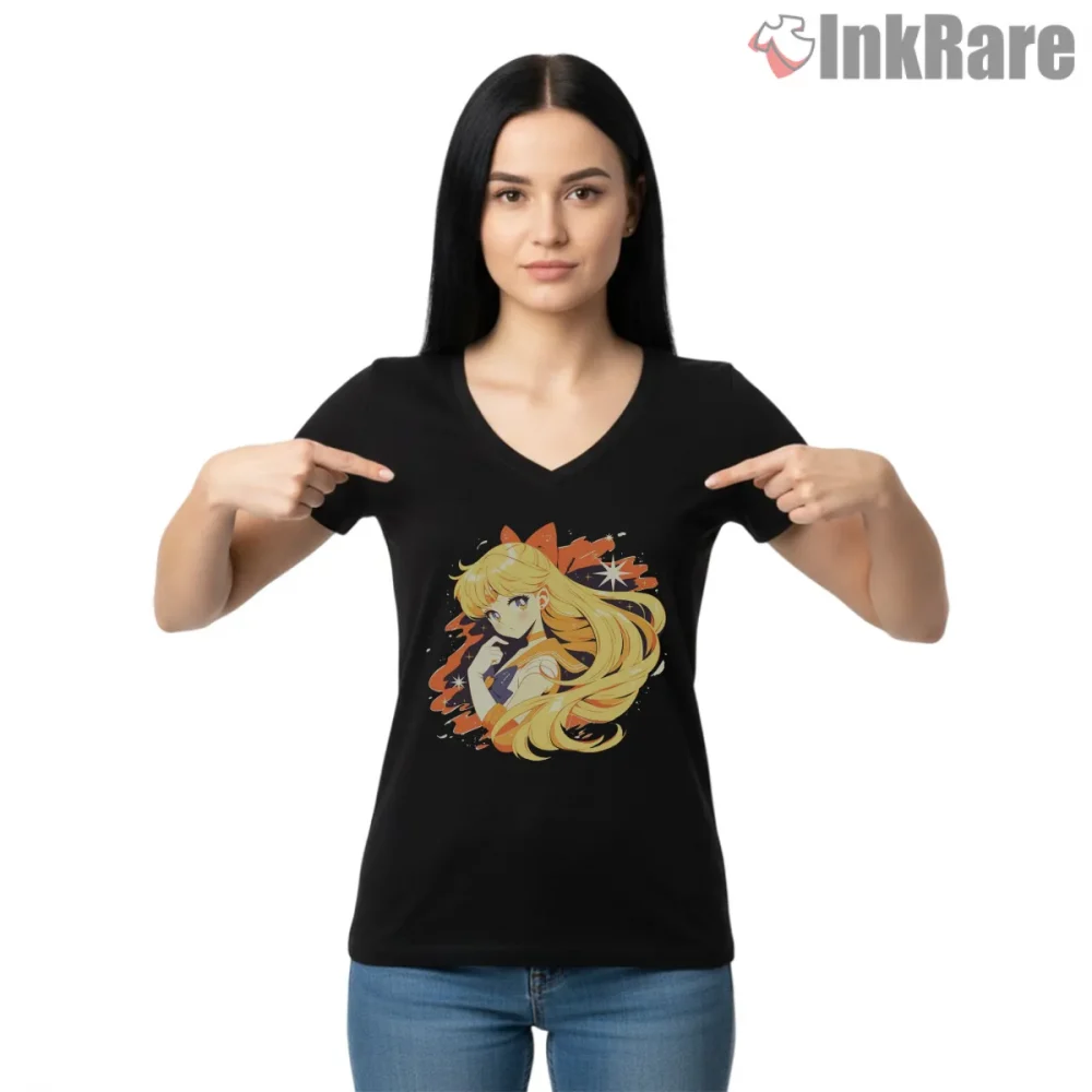 Sailor Venus Soft Glow Portrait Anime Shirt on black v-neck shirt for women graphic tee