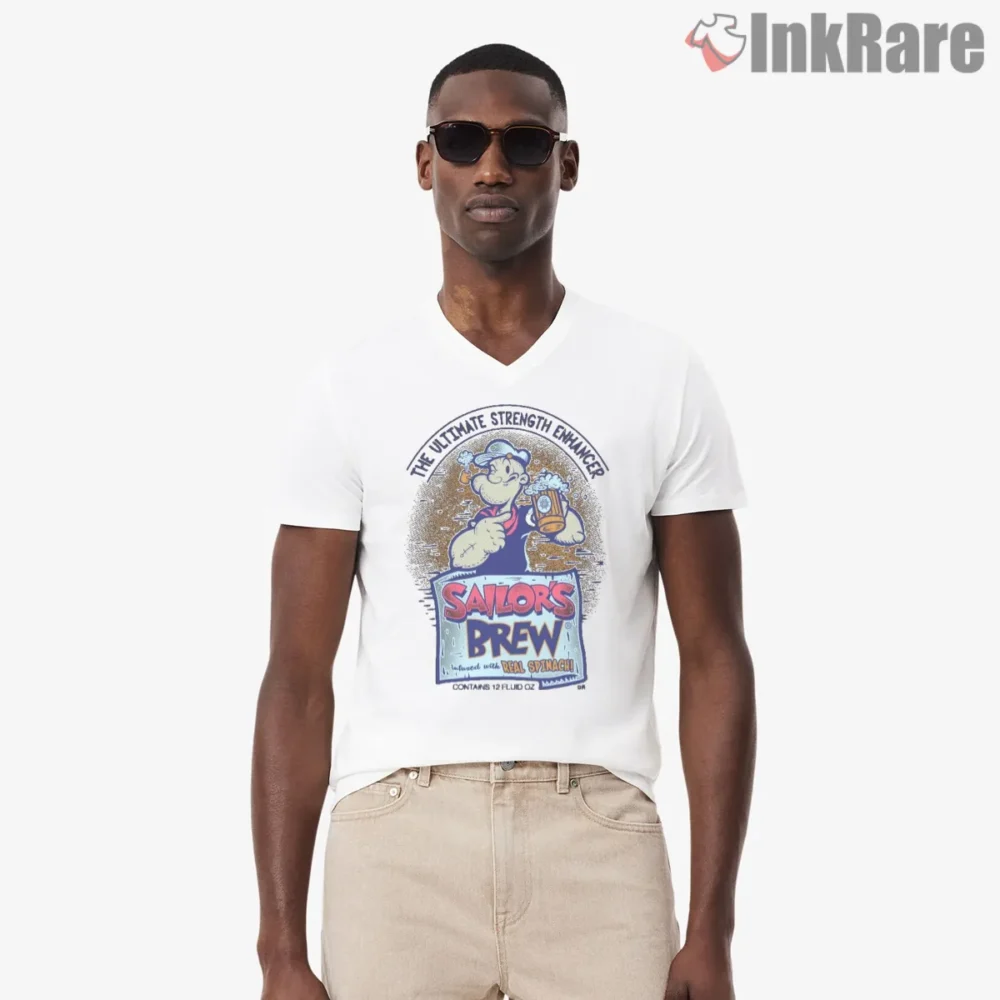 Sailors Brew Popeye Spinach Mug Shirt on white v-neck shirt for men graphic tee