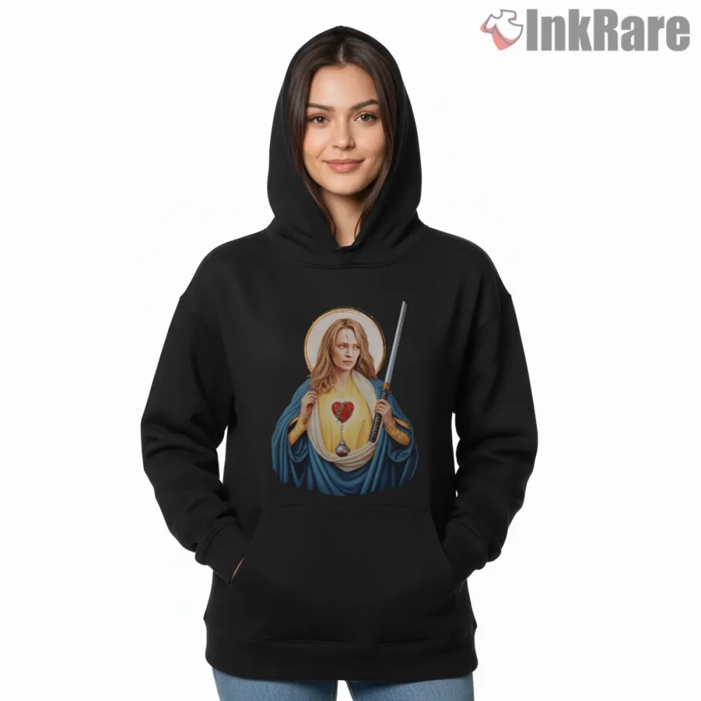 Saint Beatrix Kiddo Sacred Icon Kill Bill Shirt on black hoodie for women graphic tee